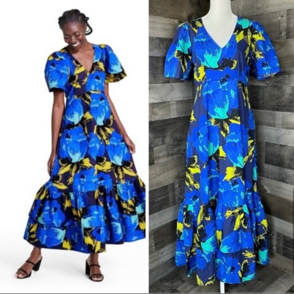 Christopher John Rogers Floral Puff Sleeve Tiered Maxi Dress Sz 14